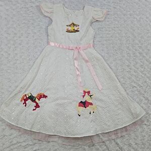 Bonnie Jean Girls Dress Carnival Merry Go Round Embroidered Horses With Pink Bow